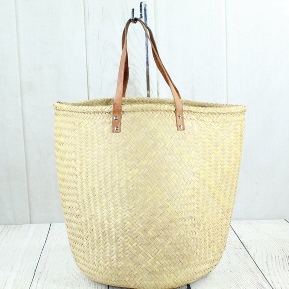 Unbranded Handbags - Women's Tan Ratan Cowhide Woven Double Handle Leather Bucket Tote Handbag